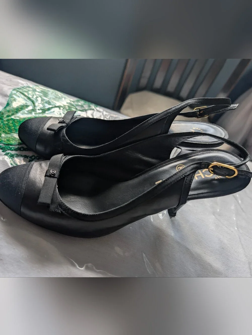 CHANEL Black Slingback Mules with Signature Bow